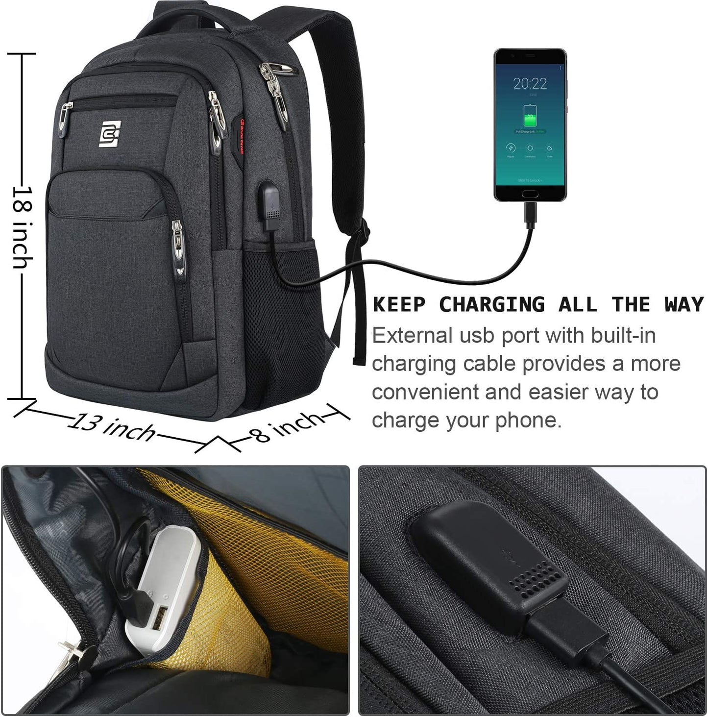 Professional Anti-Theft Slim Laptop Backpack for Business Travel with USB Charging Port, Water-Resistant Design, Fits 15.6 Inch Laptops - Black